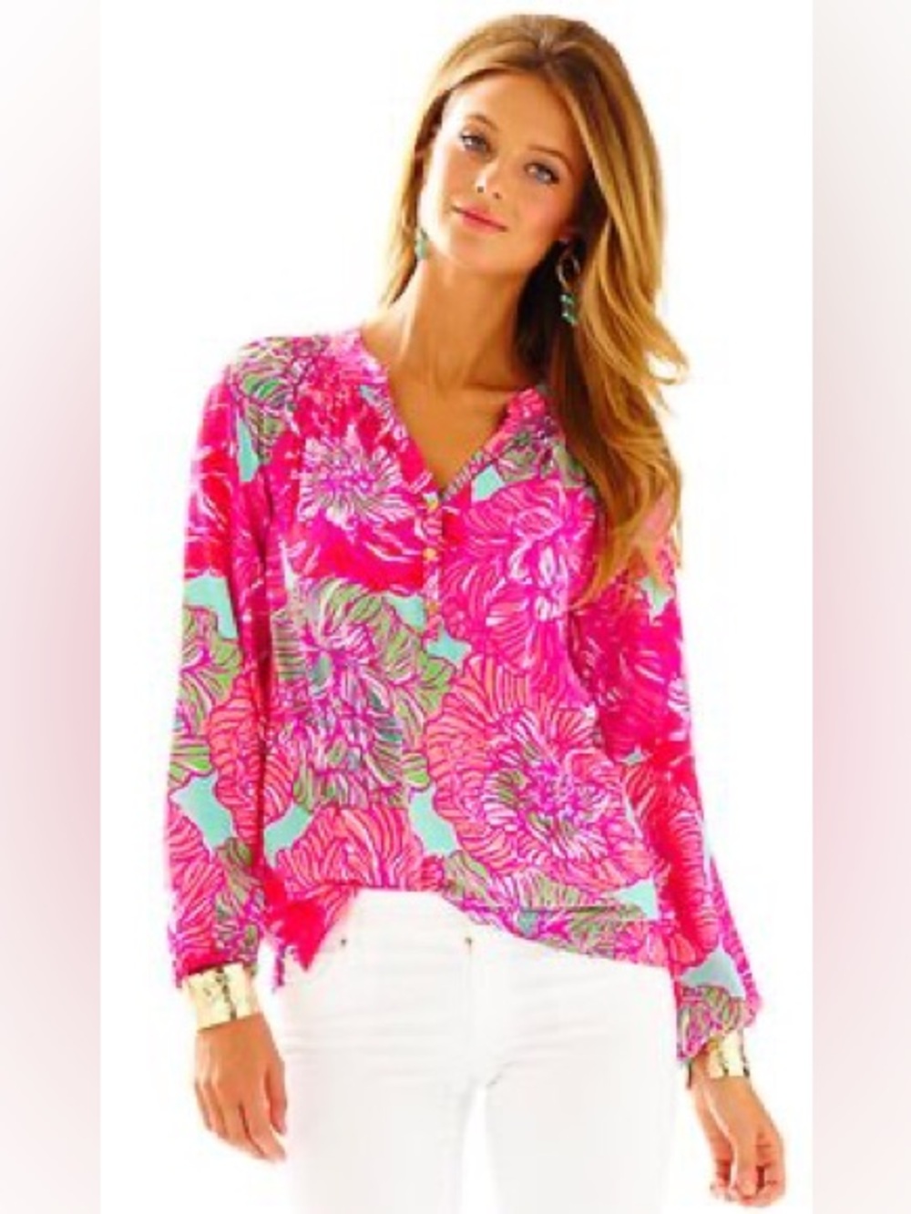 Lilly Pulitzer Bright Pink Floral V-Neck Blouse